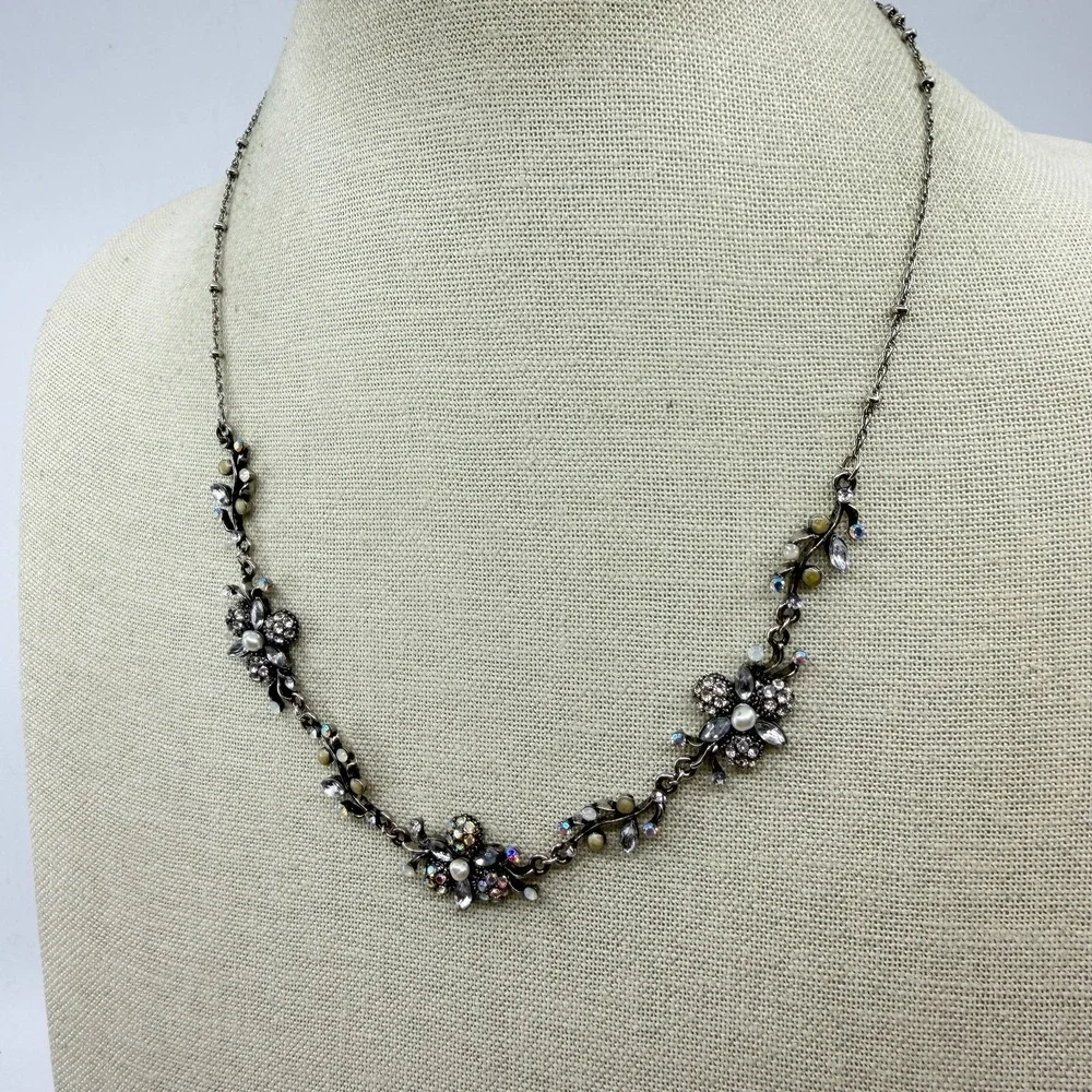 Gunmetal Floral Rhinestone Faux Pearl Necklace Cottagecore Statement Jewelry